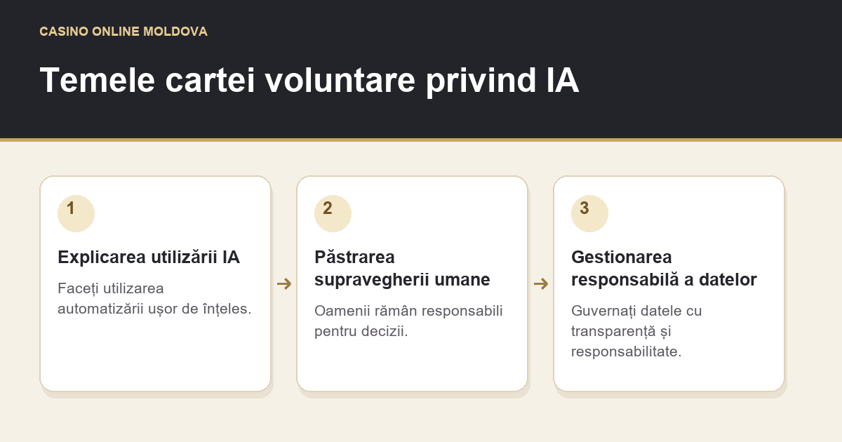 Temele cartei voluntare privind IA: Explicarea utilizării IA → Păstrarea supravegherii umane → Gestionarea responsabilă a datelor