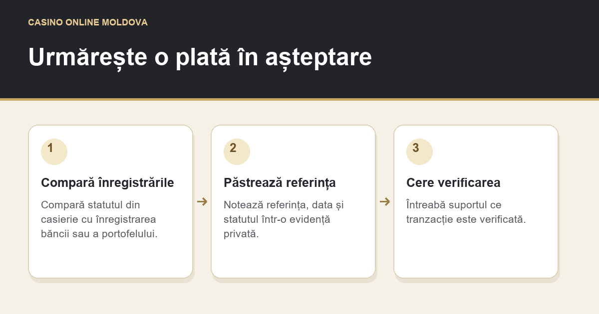 Urmărește o plată în așteptare: Compară înregistrările → Păstrează referința → Cere verificarea